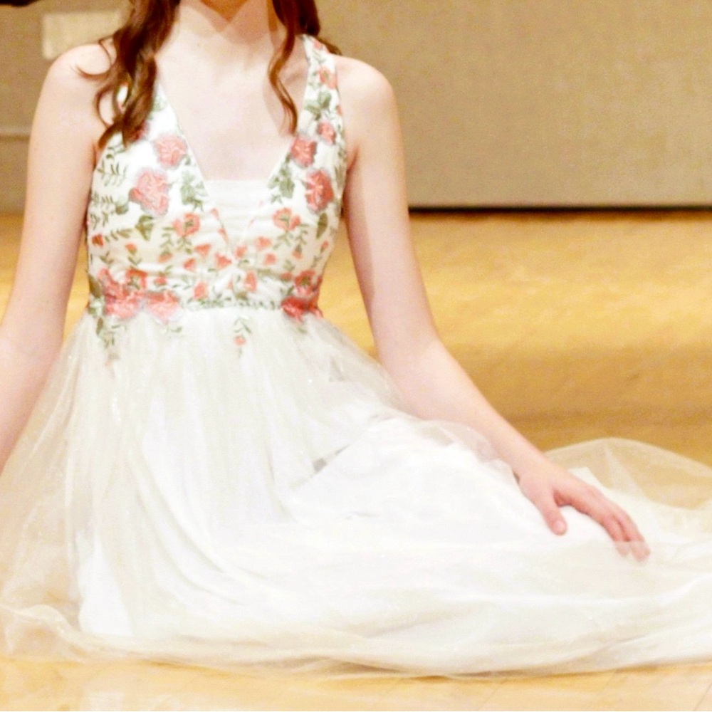 My Michelle Ivory Dress with Pink Floral Embroidery
